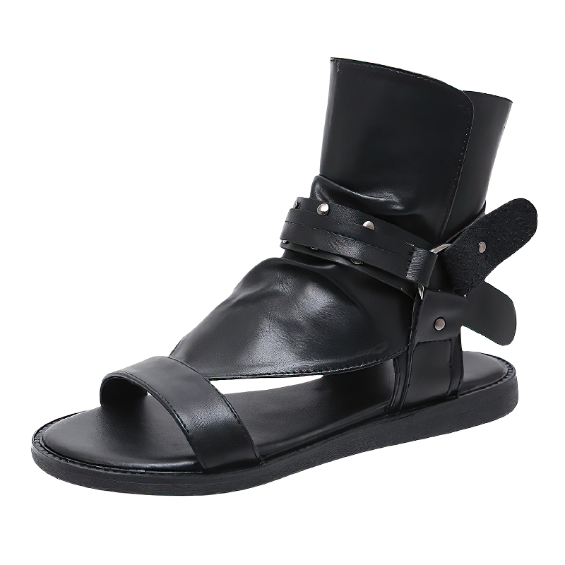 Stylish black ankle strap sandals for women, crafted in soft leather with a comfortable open toe design and metal rivets.