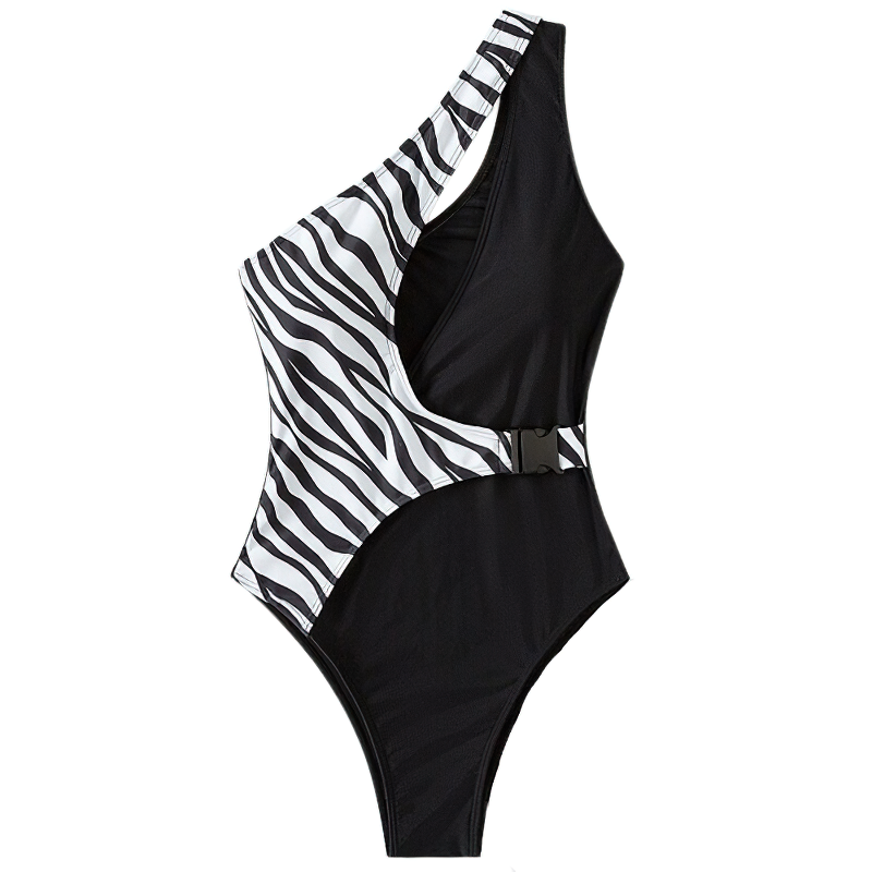 Women Fashion One Piece Swimsuit Of One Shoulder / Beachwear Of Zebra Pattern And Buckle - HARD'N'HEAVY