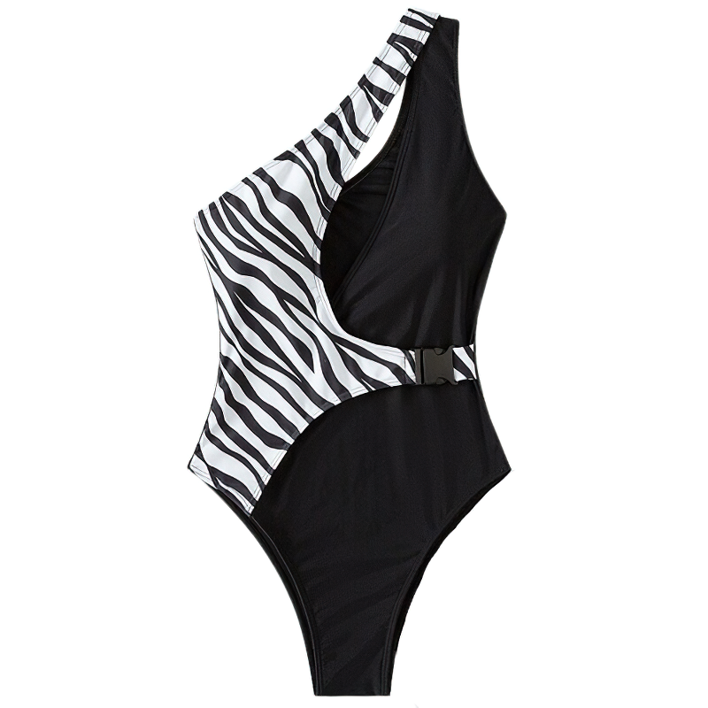 Stylish women's one shoulder swimsuit in zebra pattern with buckle detail, perfect for summer beachwear.