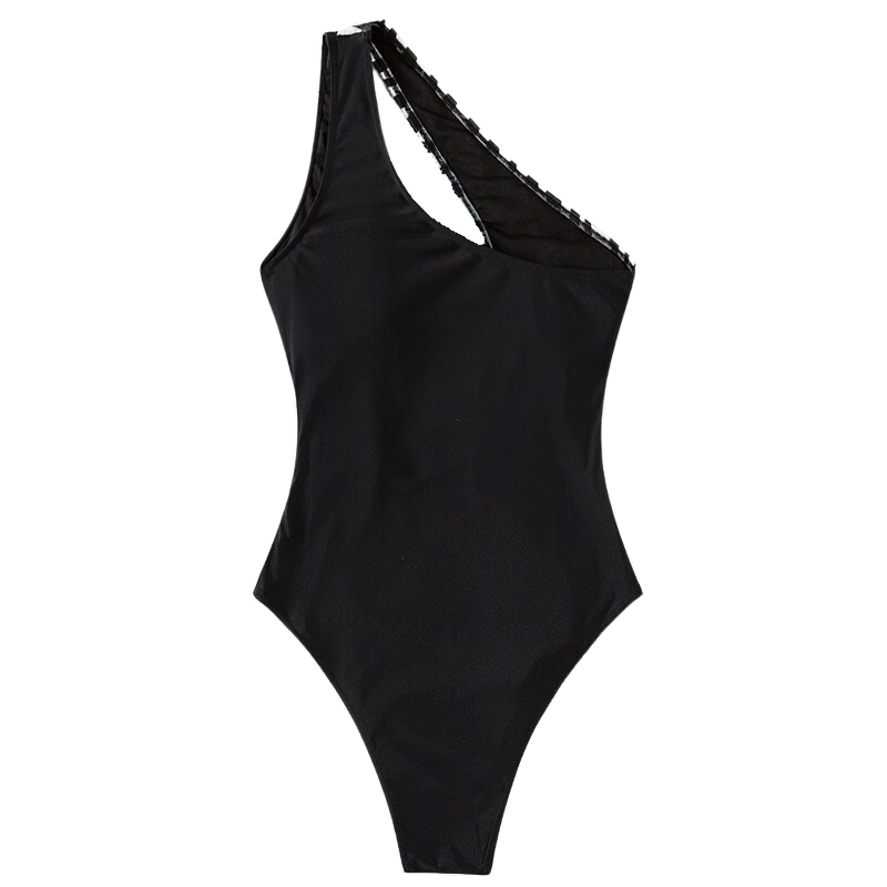 Stylish one shoulder black one piece swimsuit with buckle detail for trendy beachwear.