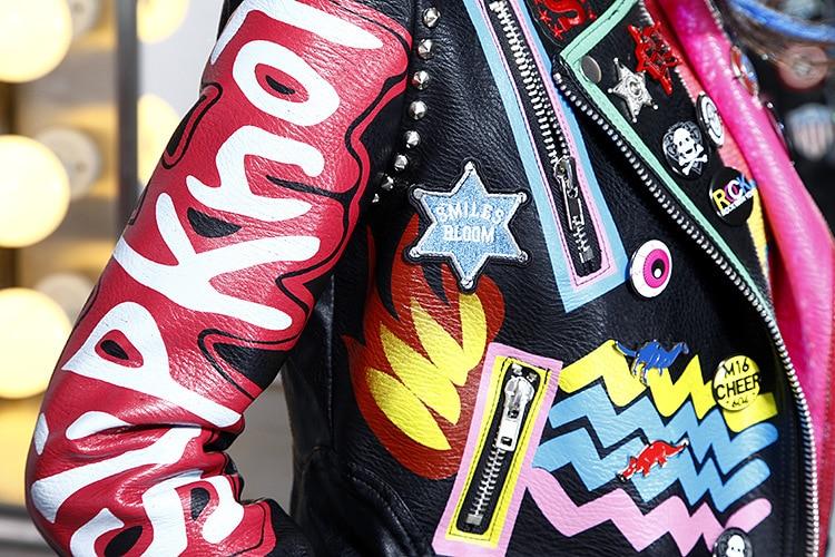 Women Faux Leather Graffiti Print Jacket / Rock Rave Outfits / Motorcycle Zipper Jacket - HARD'N'HEAVY