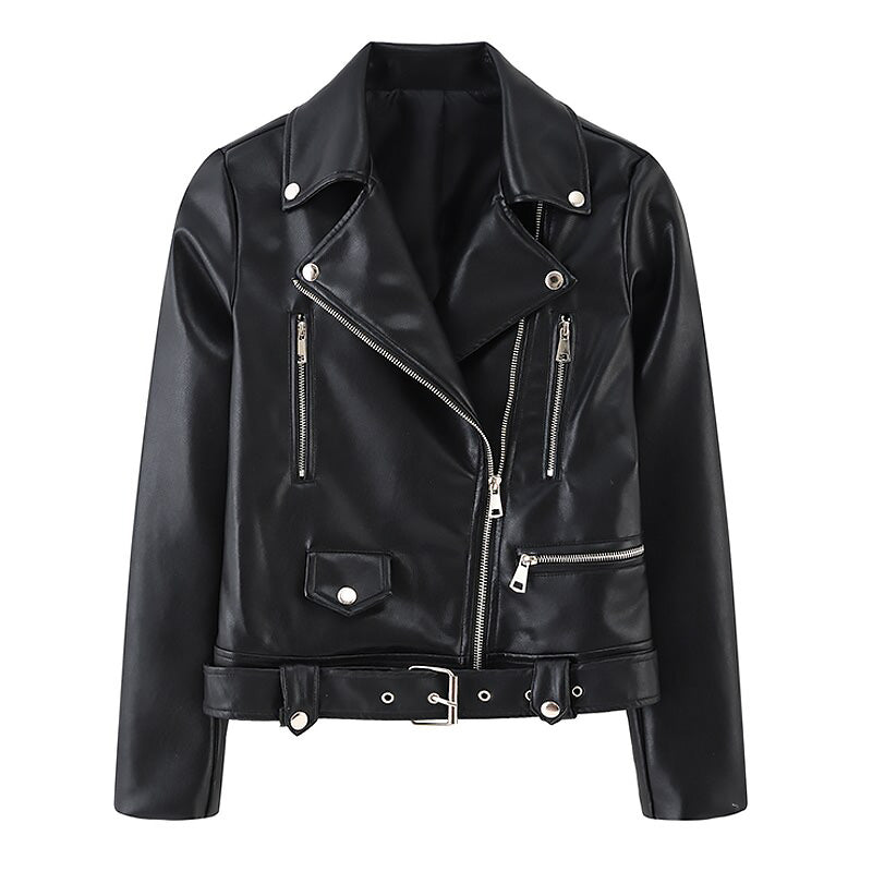 Women’s faux leather biker jacket in classic rock style with zippers and adjustable belt.
