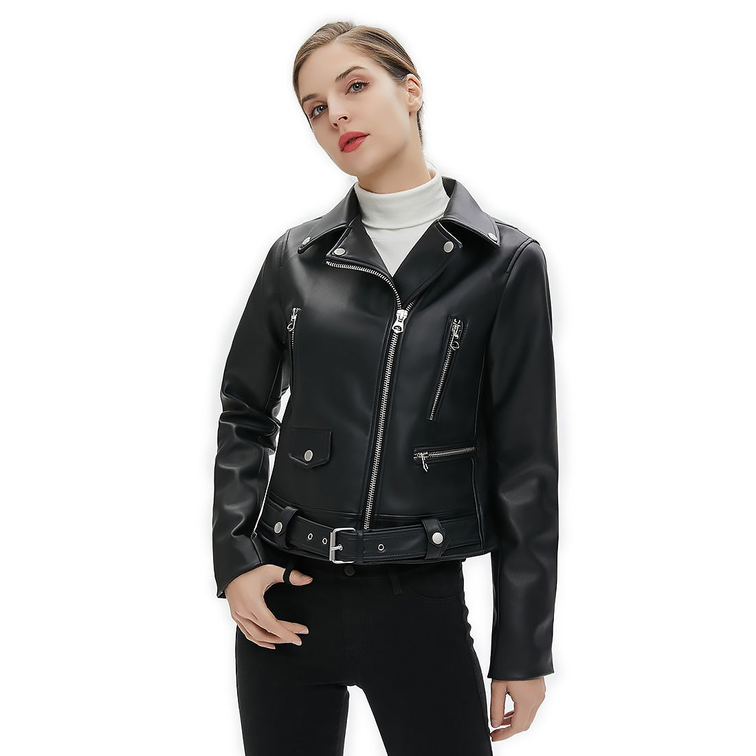 Trendy women's faux leather biker jacket with belt and zippers, perfect for rock style and goth outfits.