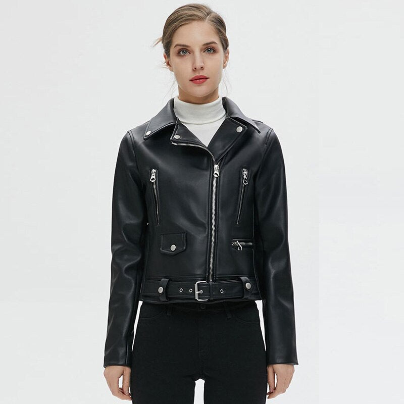 Women faux leather biker jacket with zippers and adjustable belt, perfect for rock and goth outfits.