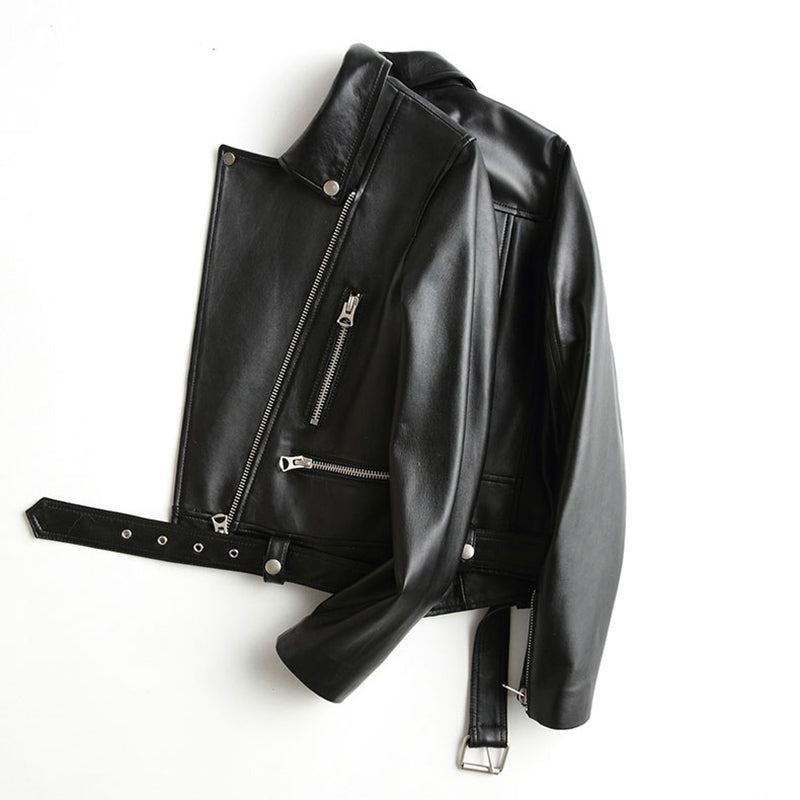 Women’s faux leather biker jacket with zippers and adjustable belt in classic rock style.