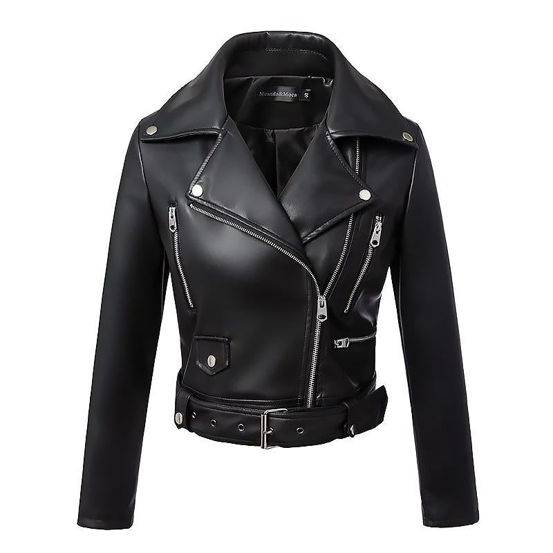 Women’s faux leather biker jacket with belt, zippers, and stylish standing collar in classic rock style.