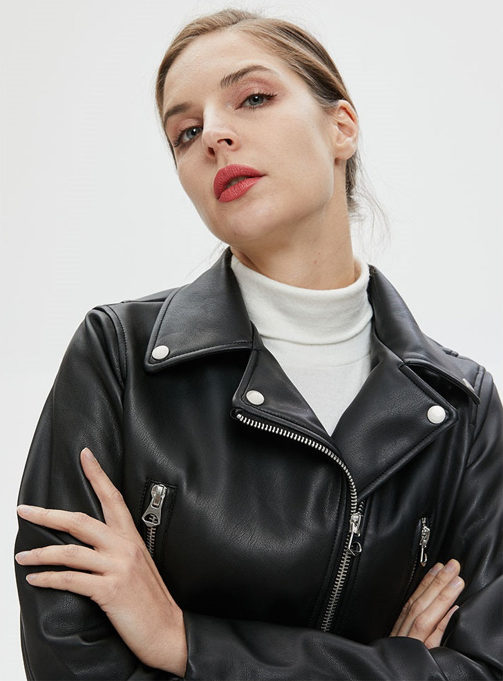 Women's faux leather biker jacket with zippers, stylish collar, perfect for rock and goth outfits.