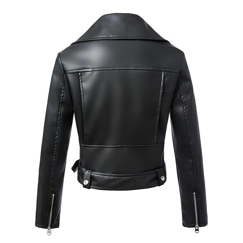 Back view of a women's faux leather biker jacket with belt, featuring zippers and a stylish collar, perfect for rock outfits.