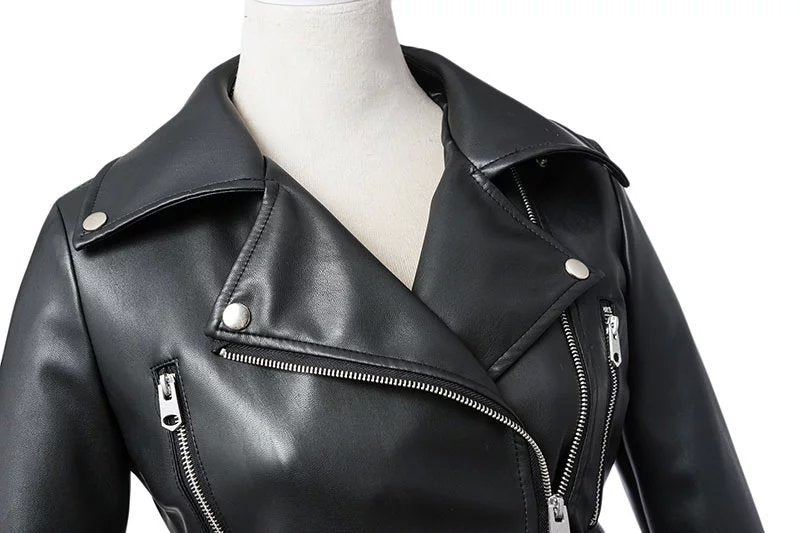 Stylish women's faux leather biker jacket with zippers and standing collar, perfect for rock outfits.