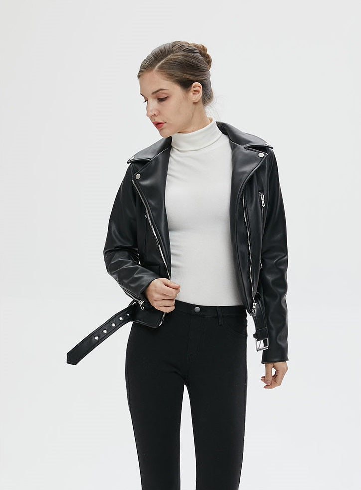 Women faux leather biker jacket with belt, zippers, and stylish standing collar, perfect for rock and goth outfits.