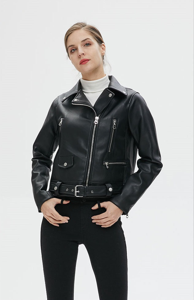 Stylish women's faux leather biker jacket with belt, zippers, and standing collar, perfect for rock and goth outfits.