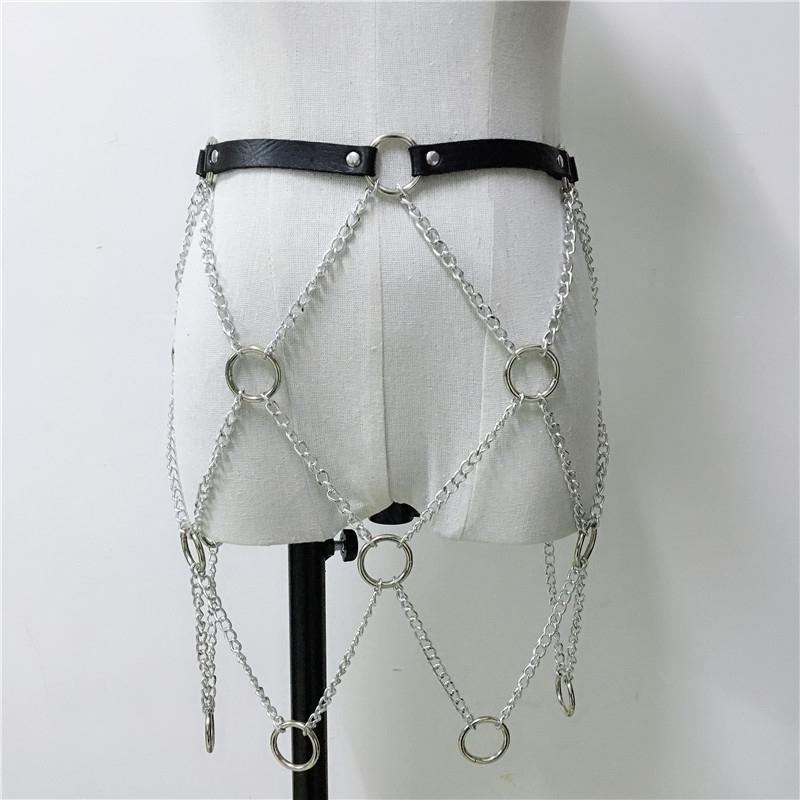 Faux leather and chain body harness for women, featuring a rock star design with a natural waistline and stylish hollow out.