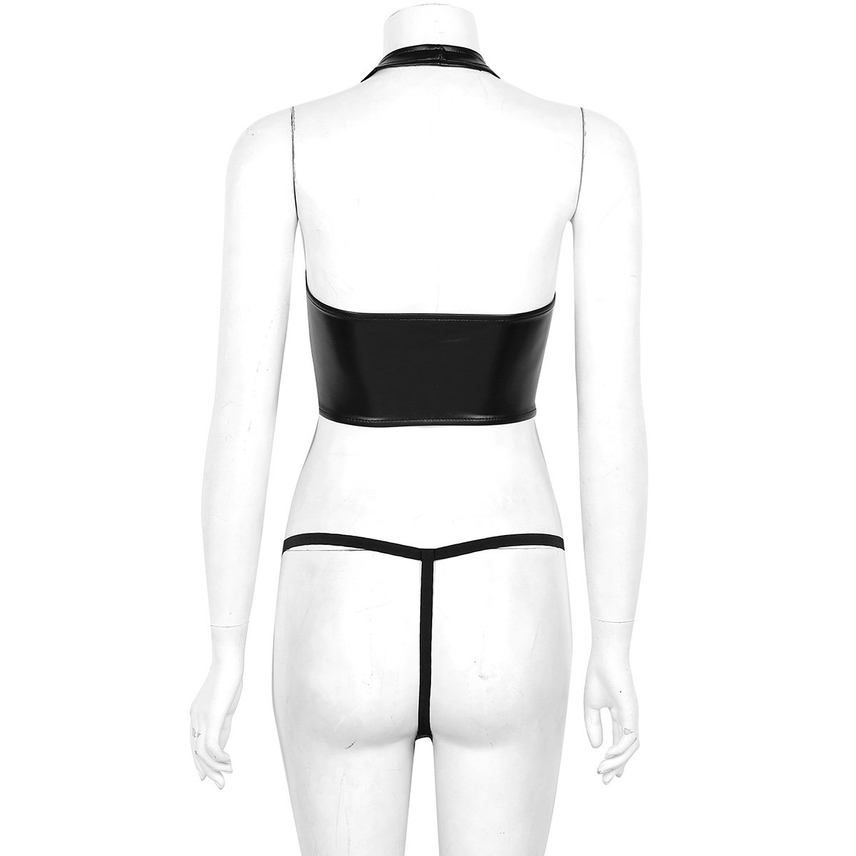 Back view of women's vintage faux leather bra and brief set in black, perfect for gothic rock style fashion.