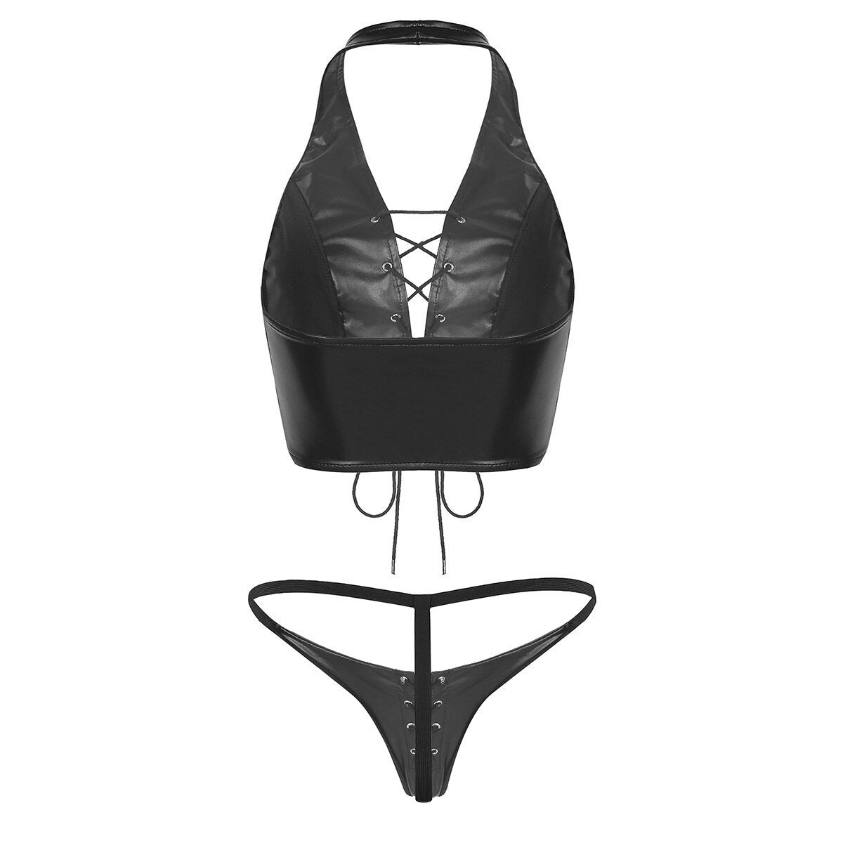 Women’s vintage faux leather bra and brief set in black with sexy lace-up design, perfect for gothic rock style.