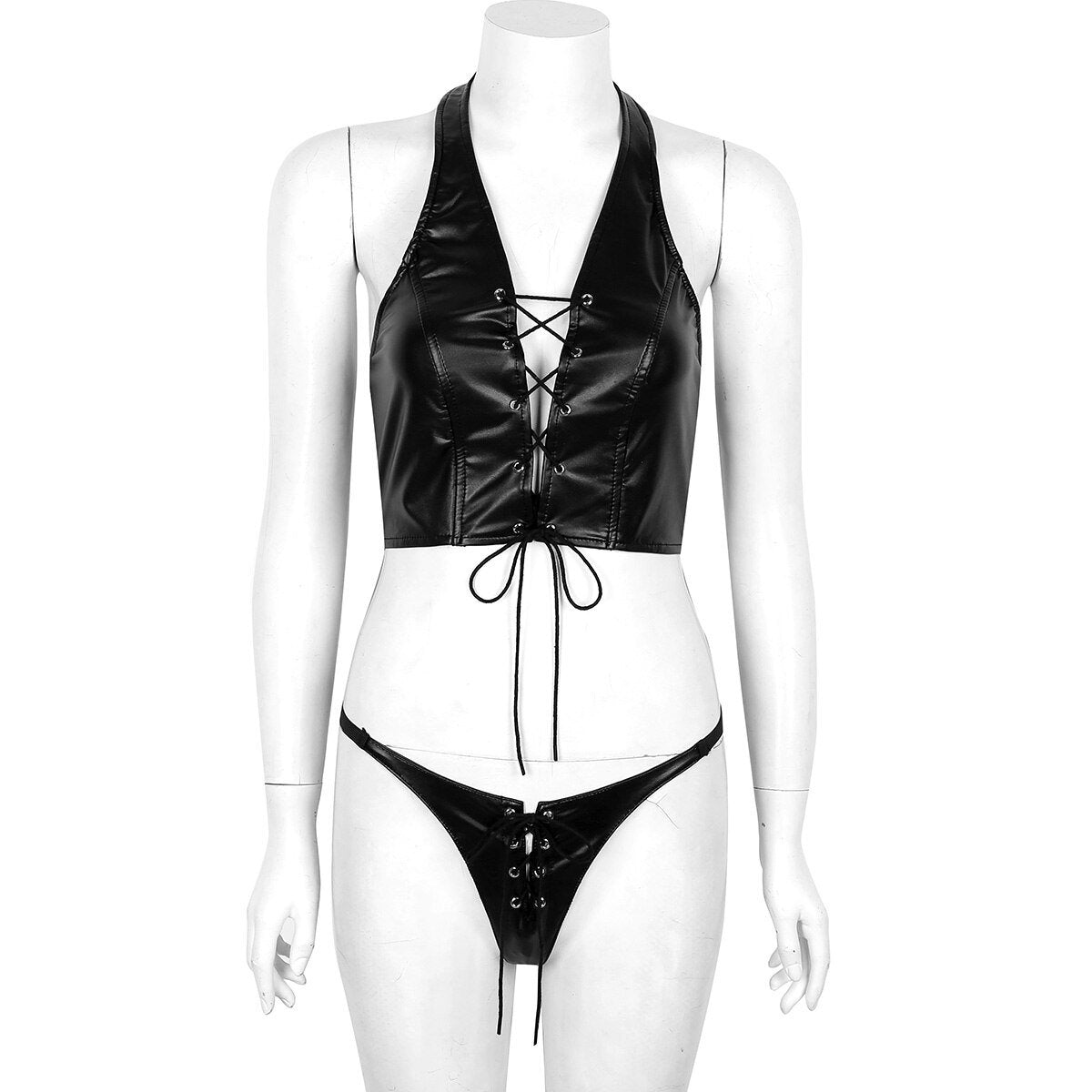 Women Vintage Faux Leather Lace-Up Underwear Set in Gothic Style - Black Bra and Briefs with Wiring Details