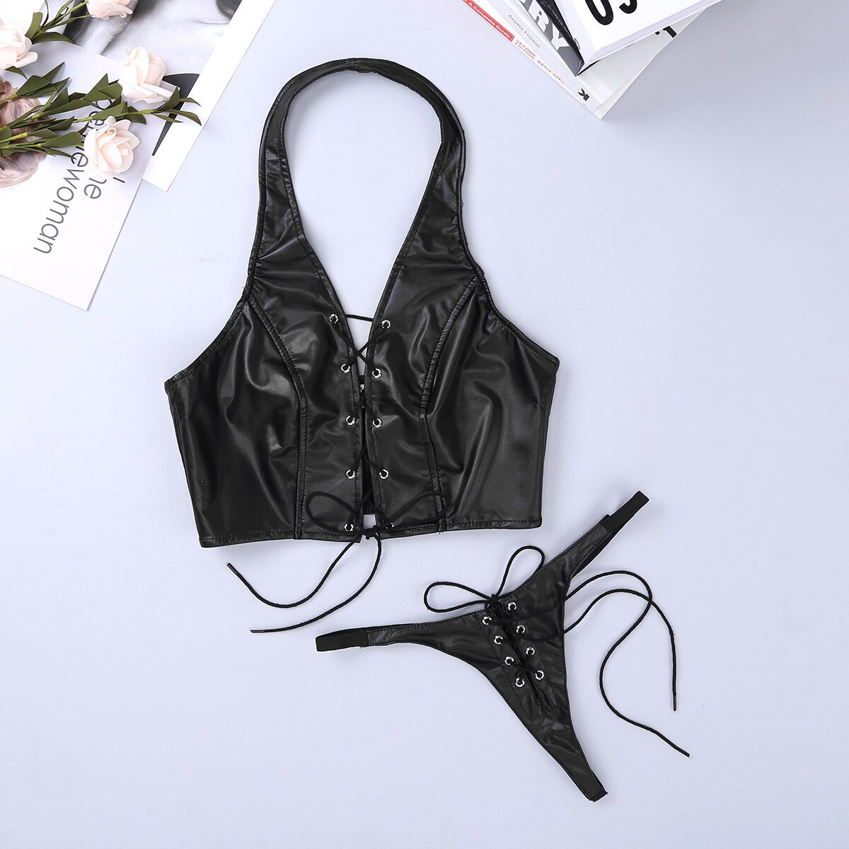 Women Vintage Faux Leather Gothic Bra and Brief Set in Black, featuring sexy lace-up details and a stylish rock look.