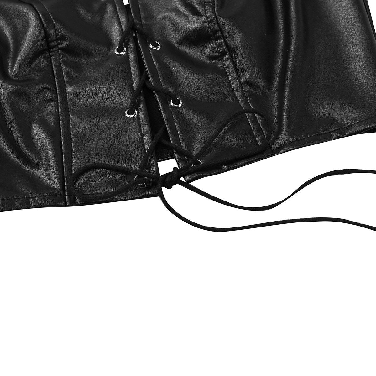 Women vintage faux leather lace-up underwear, featuring detailed wiring and adjustable ties in stylish black.