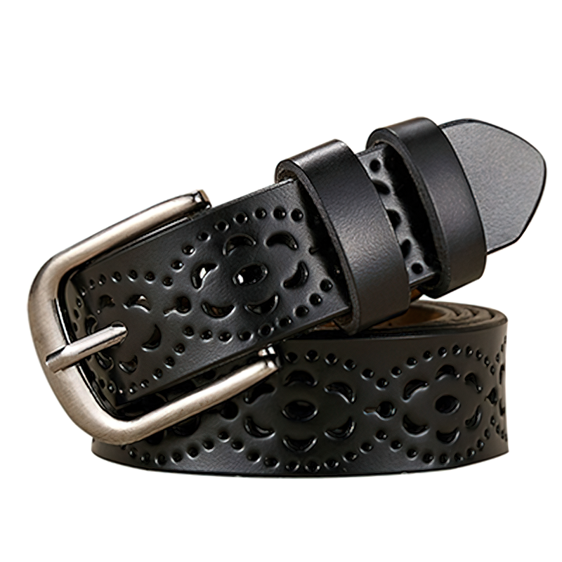 Stylish women’s black genuine leather belt with floral carvings, perfect for vintage fashion outfits.