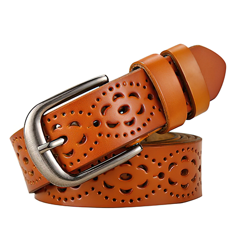 Women’s floral carved genuine leather belt in earthy tones, perfect for alternative fashion outfits.