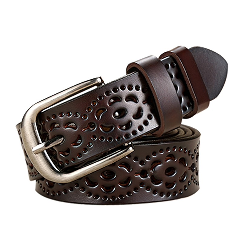 Women genuine leather floral carved belt with silver buckle, perfect for vintage outfits and floral prints.