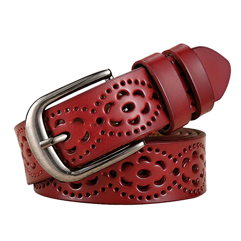Women’s genuine leather floral carved belt in vintage red with silver buckle - perfect for adding flair to any outfit.