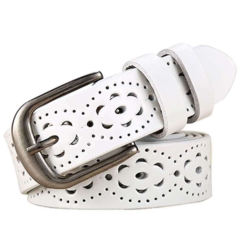 Women’s genuine leather floral carved white belt with an antique silver buckle for stylish outfits.