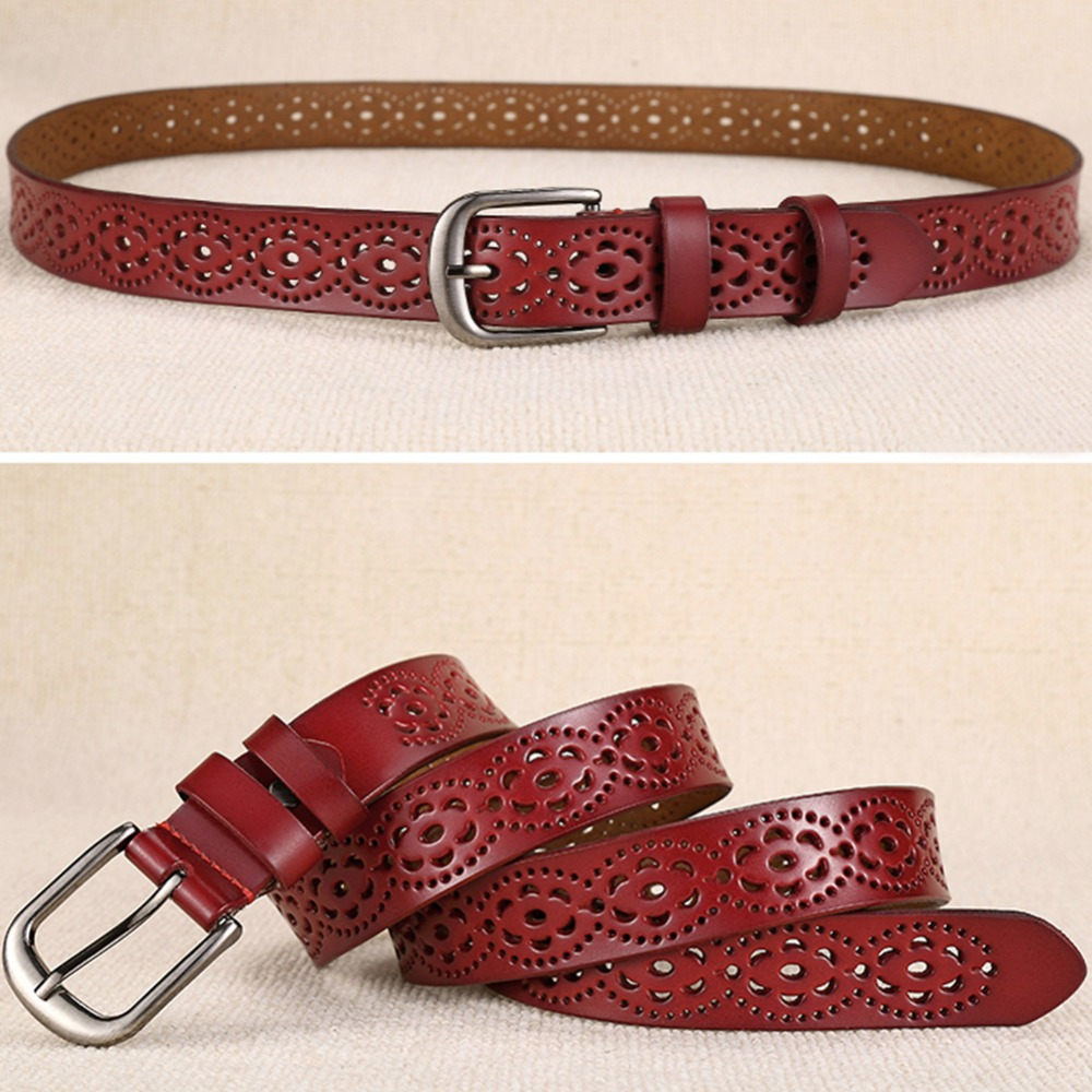 Women genuine leather floral carved belt in deep red, perfect for adding style to any outfit.