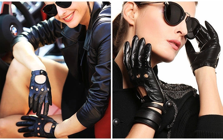 Stylish women wearing black genuine leather gloves with hollow out details, perfect for spring and autumn fashion.