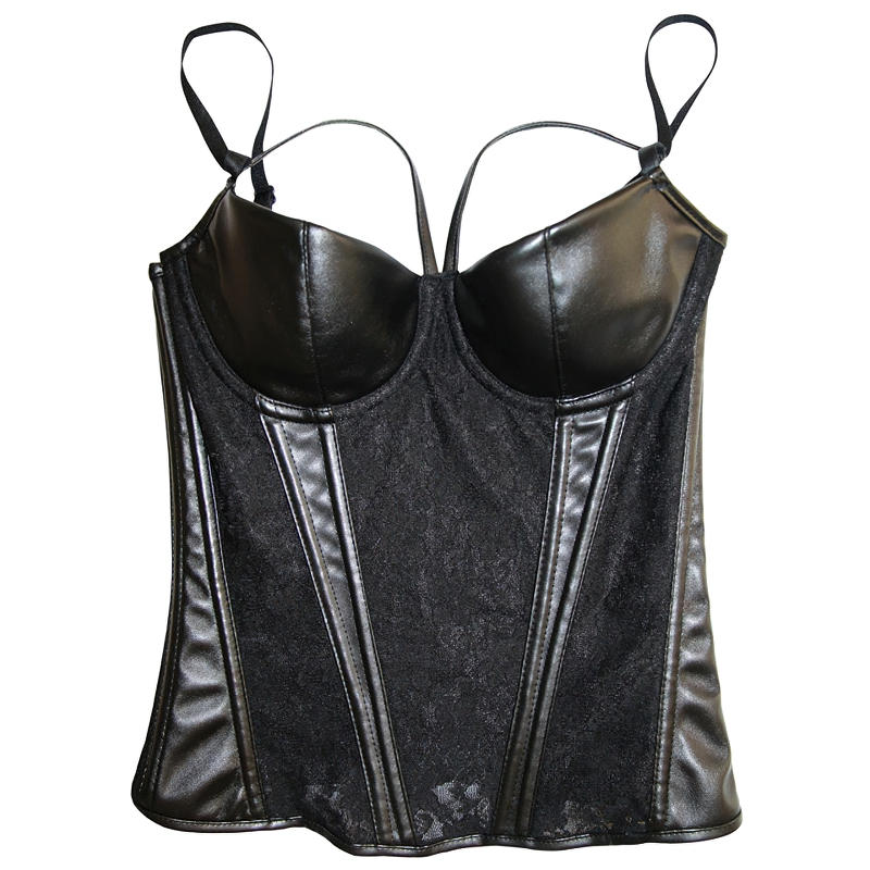 Women Gothic Corset Bustier / Ladies Sexy Hollow Out Lace Bodice And Faux Leather Cupped - HARD'N'HEAVY