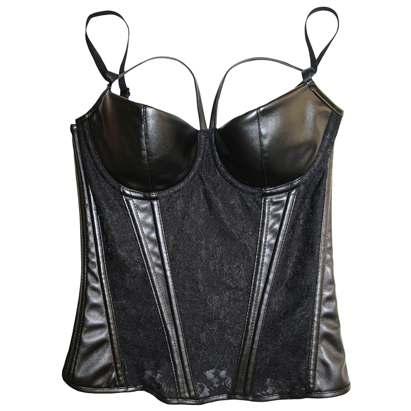 Black gothic corset bustier featuring lace inserts and faux leather cups, perfect for a sexy nighttime look.