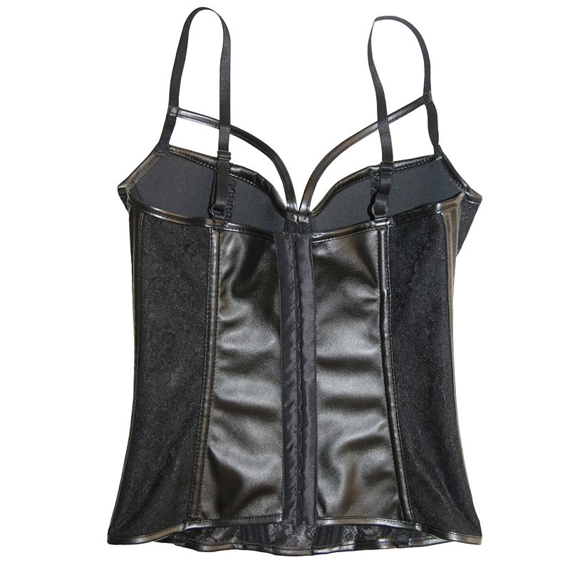 Women Gothic Corset Bustier / Ladies Sexy Hollow Out Lace Bodice And Faux Leather Cupped - HARD'N'HEAVY