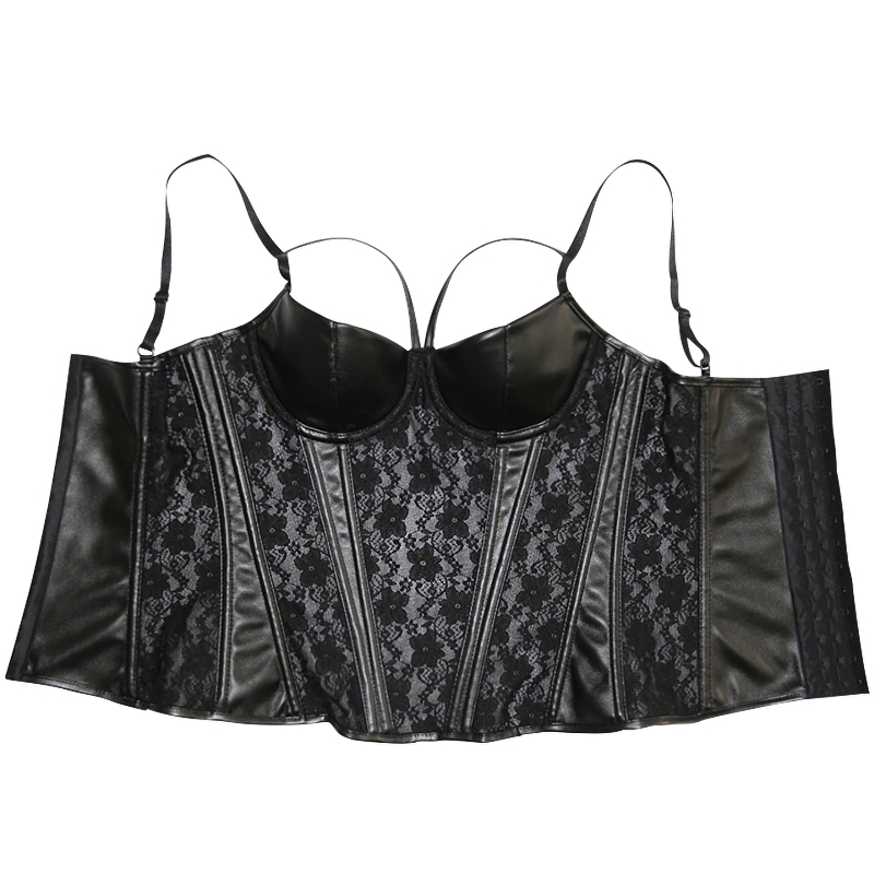 Women Gothic corset bustier in black lace and faux leather, perfect for an elegant yet edgy look.