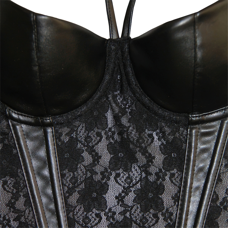 Close-up of a black lace corset with faux leather and elegant lace details, perfect for gothic style fashion.