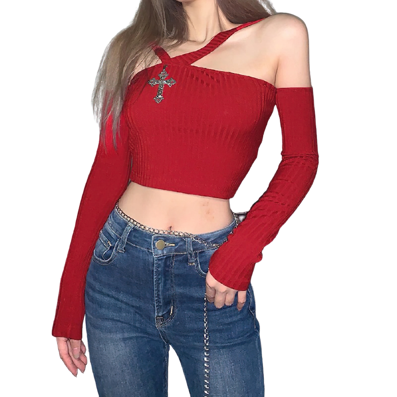 Women Gothic Knitted Top With Cross / Casual Cropped Clothing Off Shoulder And Long Sleeve - HARD'N'HEAVY