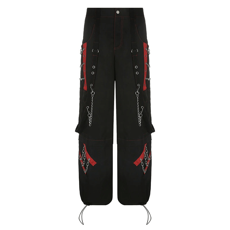 Women’s Gothic punk black cargo pants with chain details and red accents, stylish wide-leg design for a casual look.