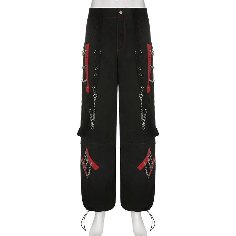 Black wide-leg cargo pants with red accents and punk chain details, perfect for a stylish casual look.