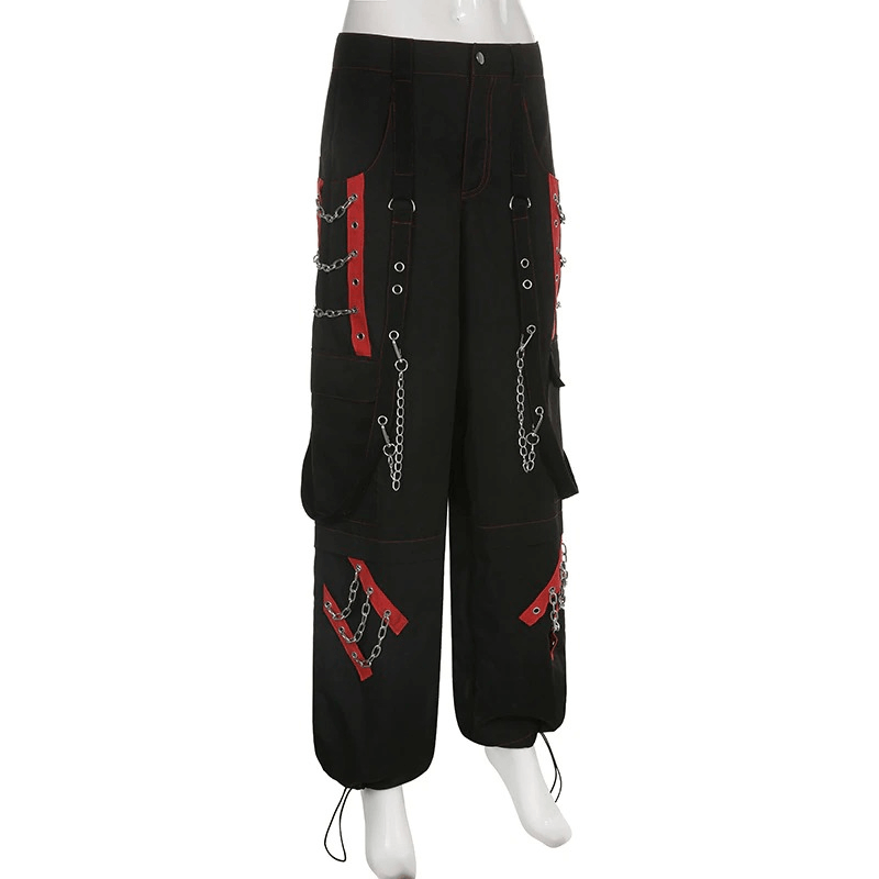 Stylish women's black wide-leg cargo pants with punk chain and red accents, perfect for casual and edgy outfits.
