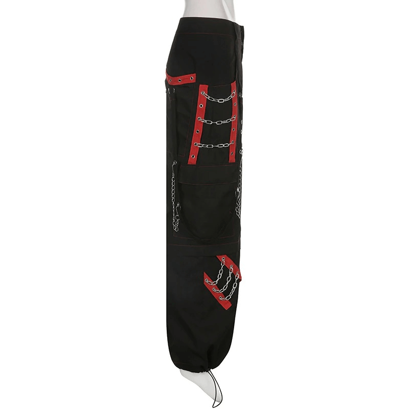 Women's black wide-leg cargo pants with punk style chains and red accents, perfect for a casual yet edgy look.