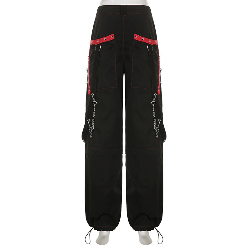 Women’s black wide-leg cargo pants with red accents and chain details, perfect for a gothic punk casual style.