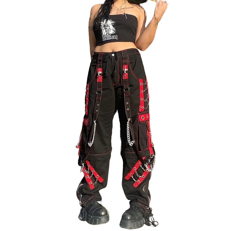 Gothic Women Black Cargo Pants Punk Chain Hip Hop Trousers Casual  Streetwear