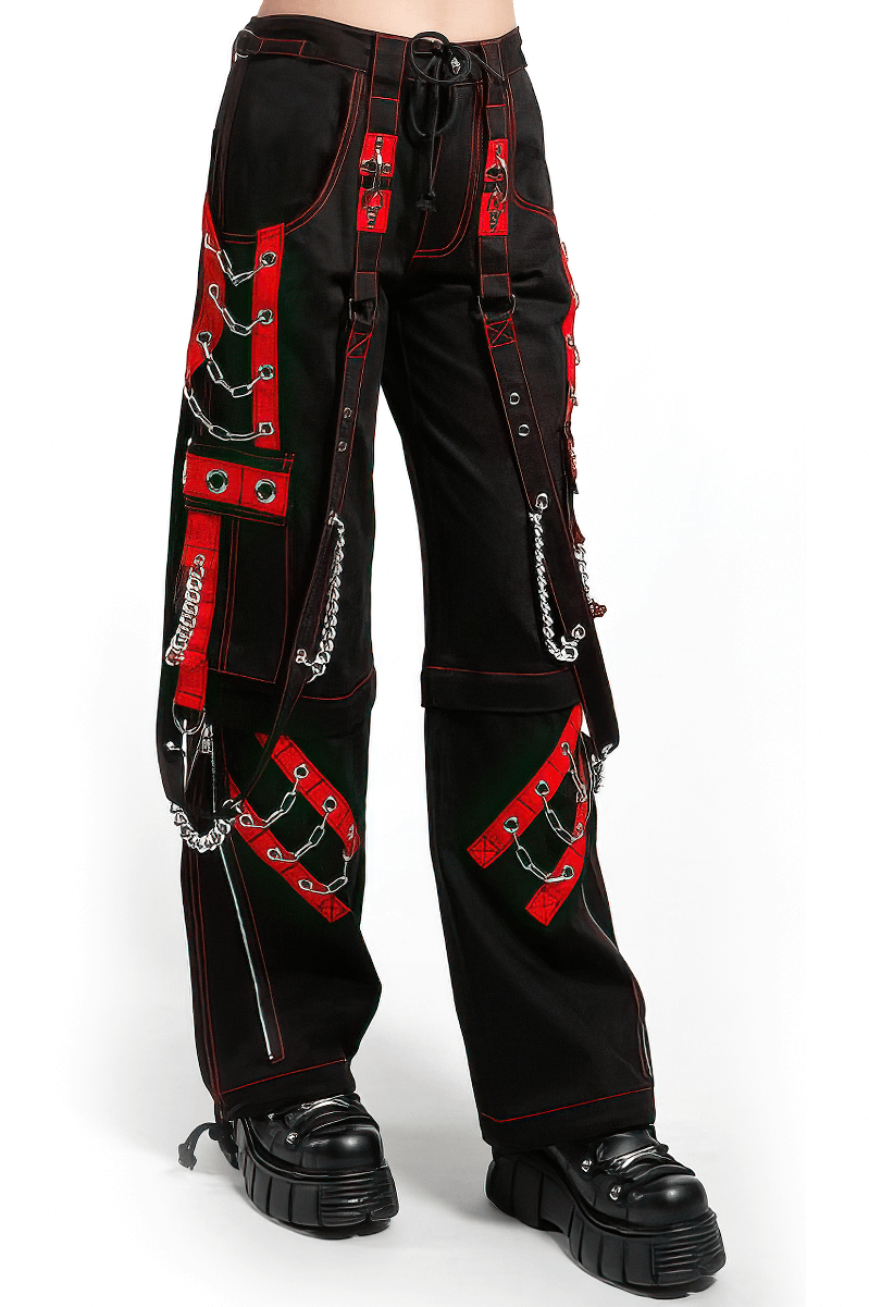Women's black punk cargo pants with red accents and chain details, perfect for a casual and stylish look.