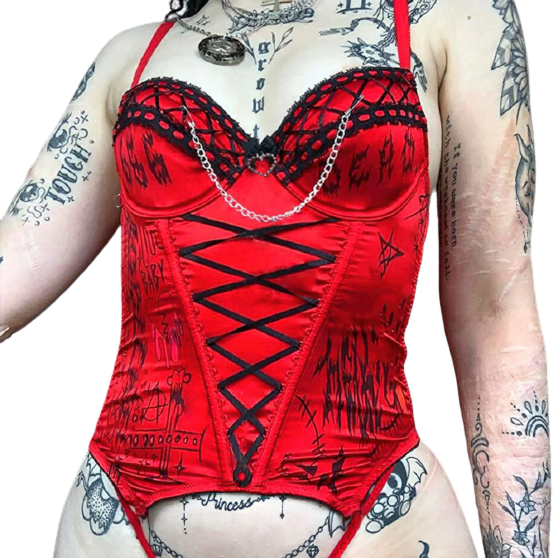 Women Gothic Sexy Lace Up Red Tank Top / Ladies Aesthetic Clothing Of Rock Style Print - HARD'N'HEAVY