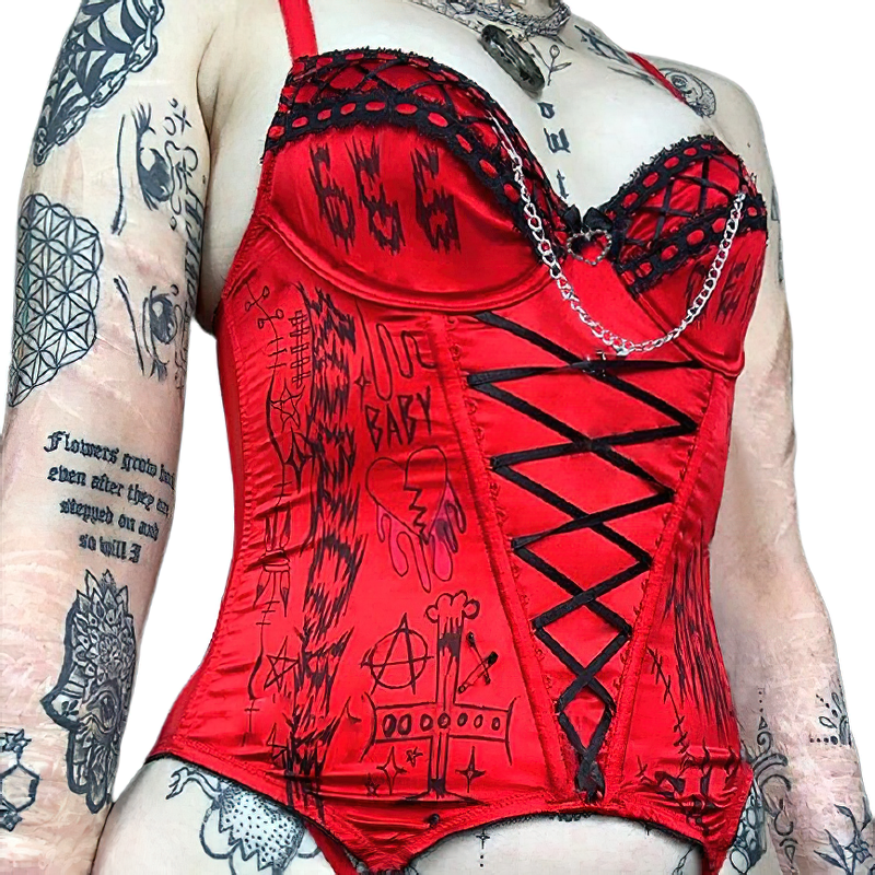 Women Gothic Sexy Lace Up Red Tank Top / Ladies Aesthetic Clothing Of Rock Style Print - HARD'N'HEAVY