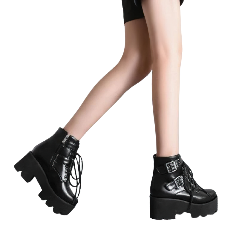 Women Gothic Short Boots With Stylish Buckle / Footwear With Thick Hee - HARD'N'HEAVY