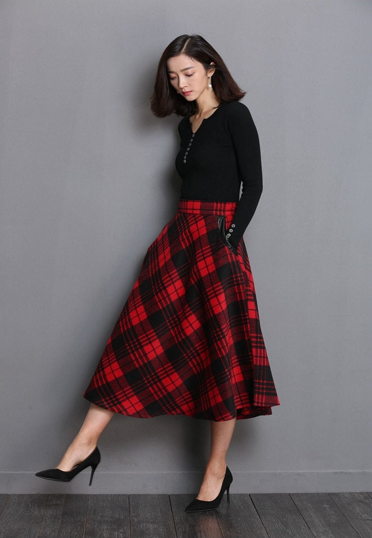 Women High Waist Midi Plaid Skirt in British Style / Woolen Plus Size A Line Pleated Skirts - HARD'N'HEAVY