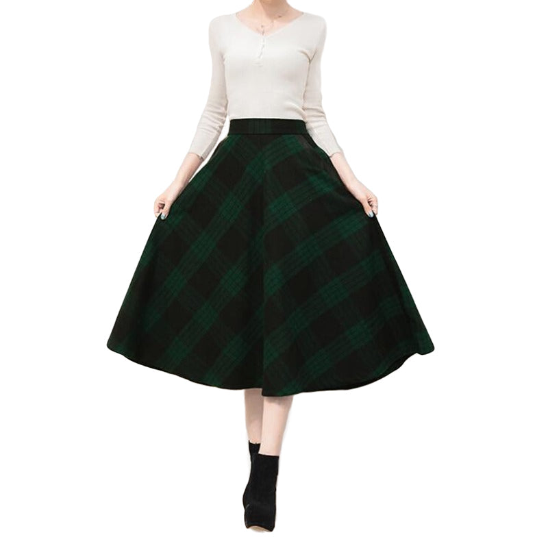 Women High Waist Midi Plaid Skirt in British Style / Woolen Plus Size A Line Pleated Skirts - HARD'N'HEAVY