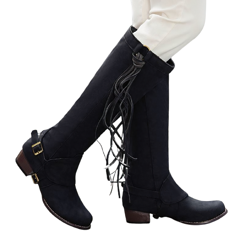 Stylish women's knee-high boots in black with buckle and tassel detail, perfect for casual wear and modern fashion.