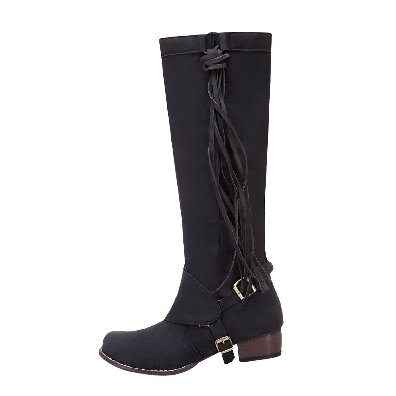 Women's black knee boots with buckle and tassel details, ideal for casual outfits and daily wear.