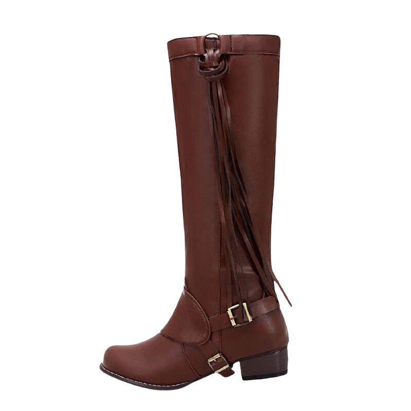 Stylish women's knee boots in brown PU leather with buckle and tassel design, perfect for daily wear.