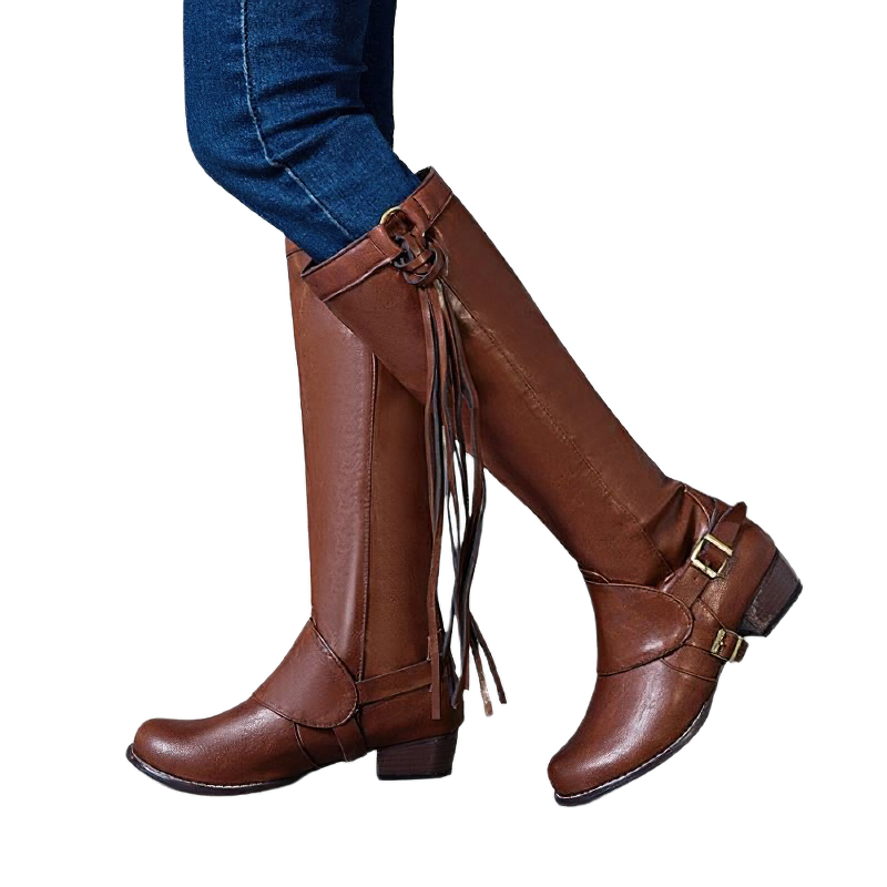 Women's knee boots in brown PU leather with tassels and thick heels, perfect for casual fashion.
